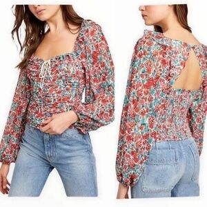 Free People Mabel Floral Print Blouse Red Green M